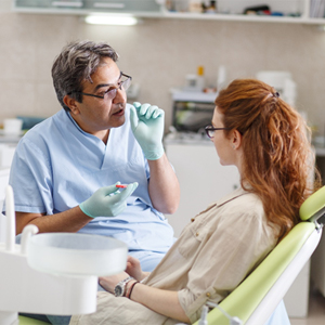 A dentist talking to a female patient about the need to remove one of her teeth
