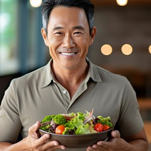Man holding a salad bowl and smiling   